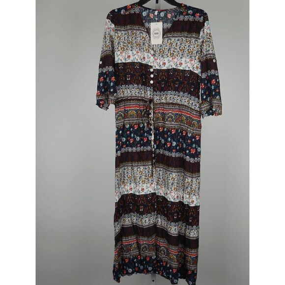 NXH Women's Brown & White Arabesque Button-Up Dress XL - Picture 2 of 13